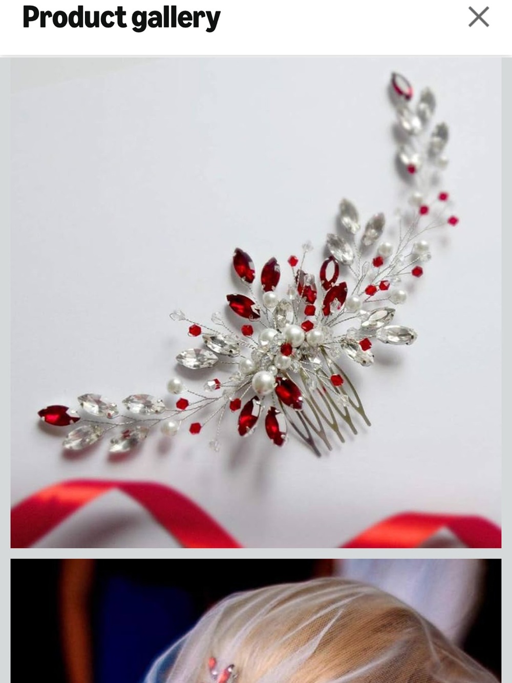 Amazon Red and Silver Bridal Hair Comb with Pearls and Crystals